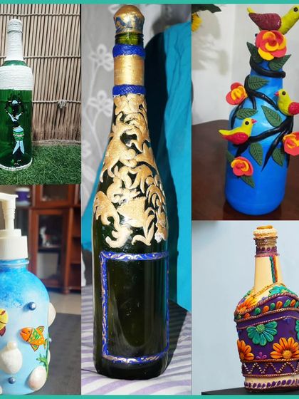 A variety of decorated bottles, transformed using techniques like painting, clay modeling, and thread work. A great way to learn upcycling art.