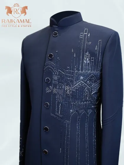 A closer look at the architectural embroidery on the navy blue Indo-Western jacket.