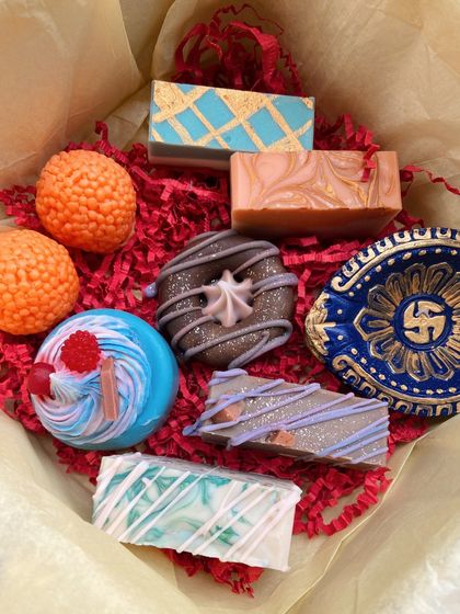Another view of the Diwali gift box contents. I loved curating this mix of laddoos, cupcakes, and other soap treats.