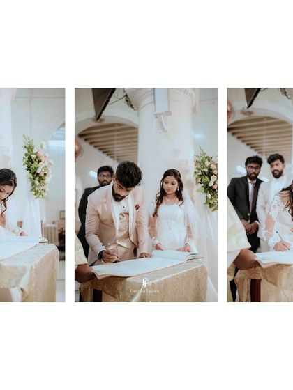 A triptych of the bride and groom signing their marriage certificate, a significant and official moment.