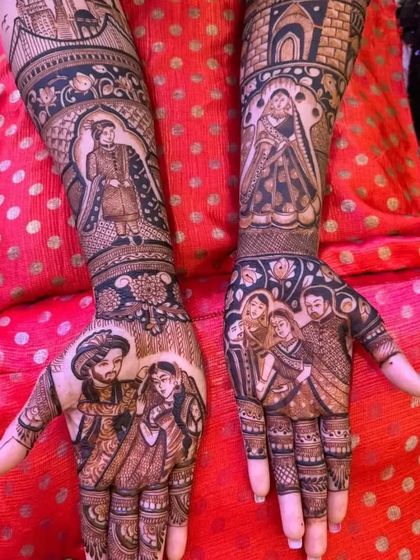 This design is a tribute to family, with portraits of the couple's parents on the palms and individual portraits of the bride and groom on the arms.