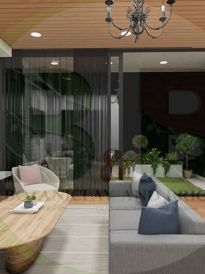 Another angle of our transitional living room concept. This 3D view highlights the furniture layout and the visual connection to the outdoor patio, emphasizing a spacious and cohesive living area.