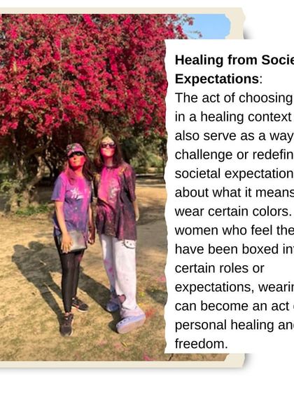 Discussing the color pink and societal expectations. Wearing pink can be an act of personal healing and freedom for women who feel boxed into certain roles.