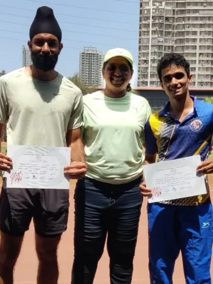 With my senior athletes Sahib Singh and Kaushik Kamat after their successful comeback and medal wins at the Mumbai Suburban District Meet.