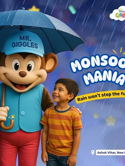 Monsoon Mania! Don't let the rain stop the fun. Our indoor play zone is the perfect place to escape the weather and enjoy a day of clean, cozy, non-stop masti.
