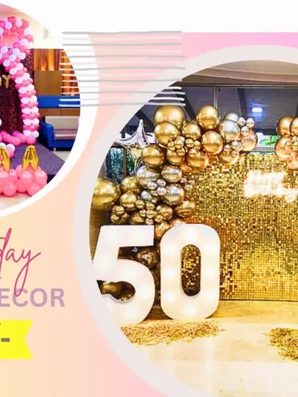 An advertisement showing my affordable birthday home decor packages starting at just 1999/-. I offer various options, from simple balloon setups to grander themes like this golden 50th birthday decor.
