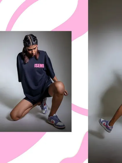 A creative diptych layout for social media, showing a model in a graphic tee and bike shorts. This format allows for showcasing multiple angles and poses in one image.