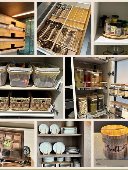 A kitchen mood board showcasing a style with wooden, bamboo, and glass elements. We help clients visualize their aesthetic while ensuring practicality, like with this beautiful wooden salt jar.