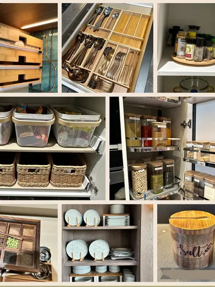 A "Wooden, Bamboo, and Glass" kitchen mood board. This theme avoids plastic and focuses on natural materials for a warm, earthy, and sustainable kitchen aesthetic.