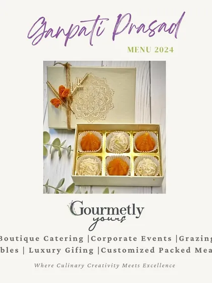 Our Ganpati Prasad Menu for 2024, showcasing our beautifully packaged boxes of assorted modaks, perfect for gifting.