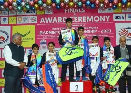 A wide shot of the award ceremony at the Delhi State Badminton Championship, with our U-11 champion Arjun Singh Raghav on the podium.