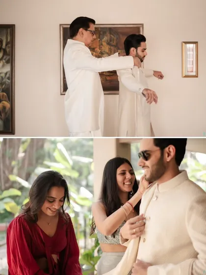 A collage of heartwarming 'getting ready' moments, showing the groom being helped by his father and sister, highlighting the importance of family.