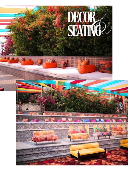 Colorful and comfortable seating is key for a carnival event. I used a mix of low sofas and bright bean bags to create a relaxed and festive vibe.