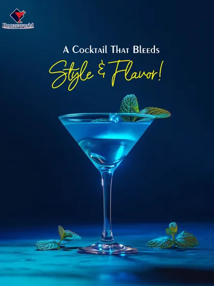 This blue cocktail blends style and flavor, garnished with a single mint leaf. The deep blue hue creates a sense of cool sophistication, perfect for a modern party.