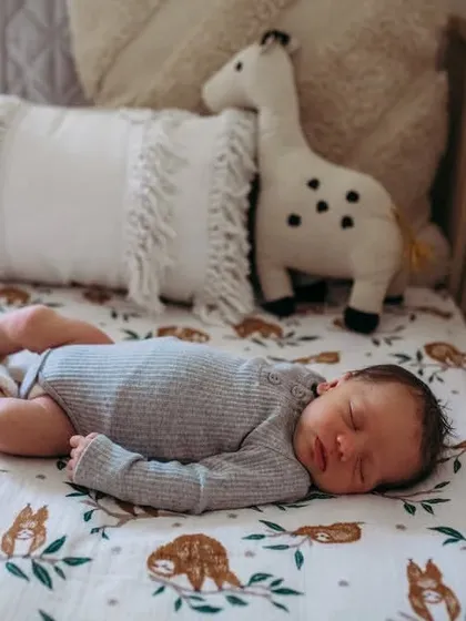 A full-body shot of a newborn sleeping in their crib surrounded by soft toys. This lifestyle image documents your baby's first environment.