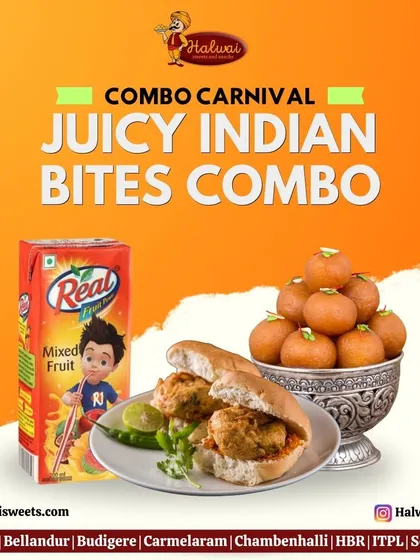 My Juicy Indian Bites Combo features vada pav, gulab jamun, and a juice box for a complete and satisfying meal.