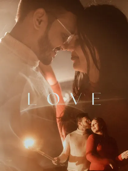 A dreamy and romantic pre-wedding collage, using double exposure and warm tones to create a feeling of love and intimacy.