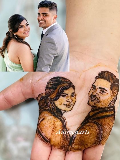 A comparison showing the original photo next to my henna art, demonstrating my ability to capture likenesses.