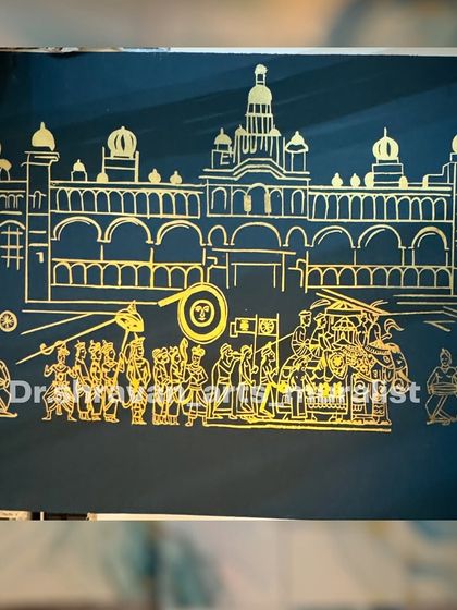 A tribute to the Mysuru Dasara, created entirely with gold foil line art on a dark background. This piece captures the grandeur of the procession and the palace architecture.