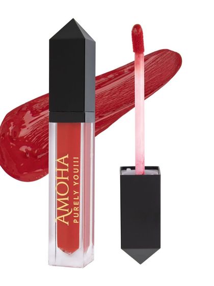 A bright red-orange liquid lipstick and applicator, shown with a swatch to highlight its glossy texture and bold color.