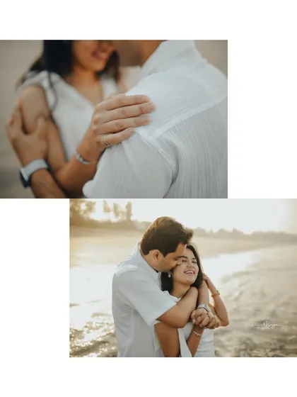 A collage focusing on the gentle touches and loving embraces. These close-up shots from a beach pre-wedding session highlight the intimacy and affection between the couple.