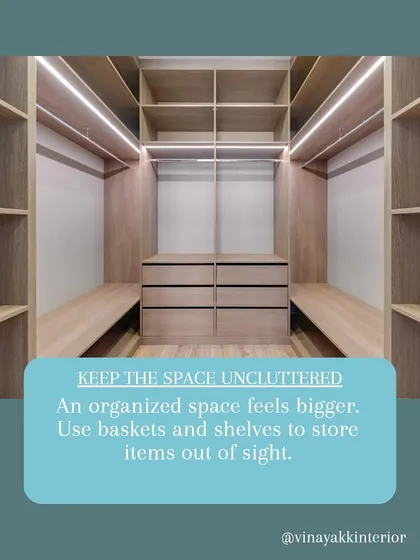 An example of a well-organized walk-in closet. Using a combination of drawers, open shelves, and hanging space ensures that every item has its place, which helps keep the space uncluttered and makes getting ready a breeze.