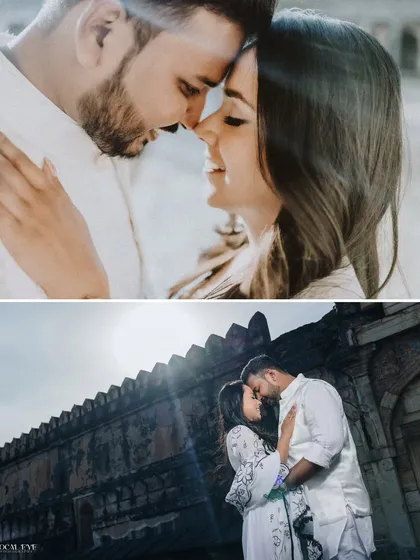 A combination of an intimate close-up and a dramatic, sun-flared shot against a historic wall. This pairing shows our ability to capture both delicate emotions and grand, cinematic moments in one session.