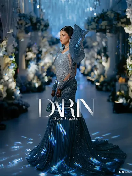 Darin looked absolutely breathtaking at her reception in Dhaka, Bangladesh. Her Gaurav Gupta gown was a work of art, and we captured her in a way that highlighted its sculptural beauty against the dramatic blue decor.