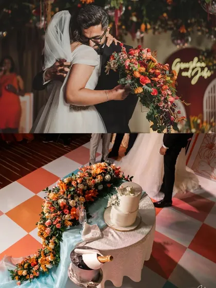A collage of the couple's first dance and the stunning cake table, highlighting the romantic and celebratory moments of the evening.
