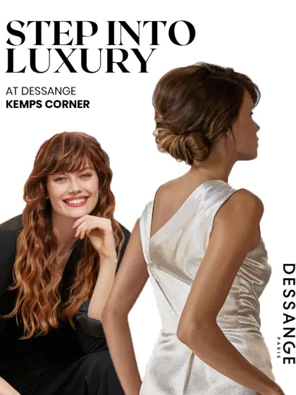 Step into luxury at Dessange. This graphic showcases two of our signature styles: a soft, wavy look with modern bangs and an elegant updo for a special occasion.