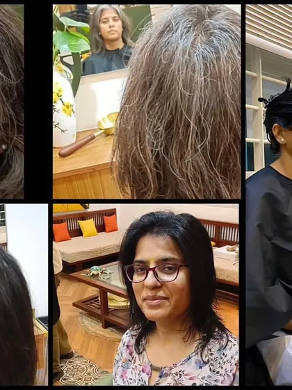 Here you can see the beautiful transformation achieved with my plant-based Ayurvedic hair colour. I provide a safe and healthy way to cover greys, resulting in hair that is not only beautifully coloured but also feels nourished and strong, without any harsh chemicals.