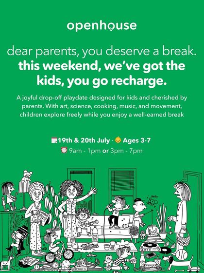 "Dear parents, you deserve a break." This poster for our drop-off playdate, "Parents Day Out," offers parents a chance to recharge while we keep the kids engaged with art, science, and music.