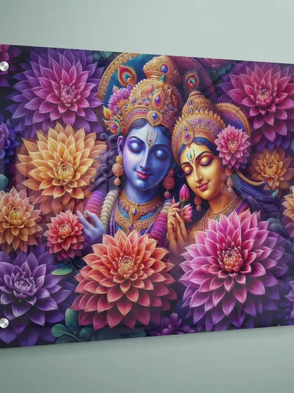This is a finished Radha Krishna acrylic print, mounted to create a beautiful floating effect. The direct UV printing results in a super glossy, high-definition image with rich, deep colors that bring an elegant and spiritual feel to your home decor.