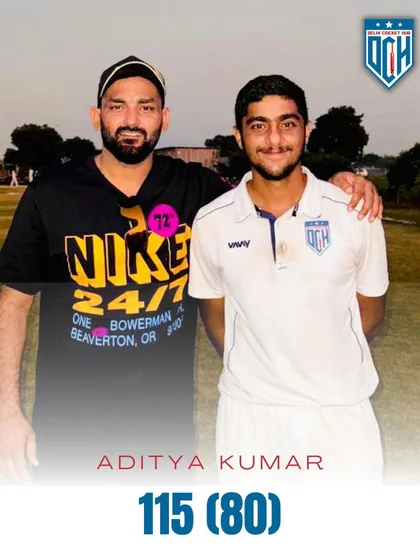 Celebrating Aditya Kumar's quickfire century. He scored 115 runs in just 80 balls, showing his aggressive batting style.