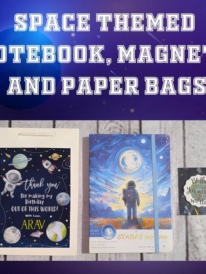The complete space-themed notebook and magnet set, shown with its matching personalized paper bag.