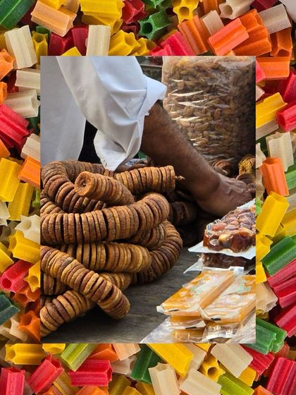 A collage framed by colorful star-shaped fryums, with a vendor selling dried figs and dates in the center.