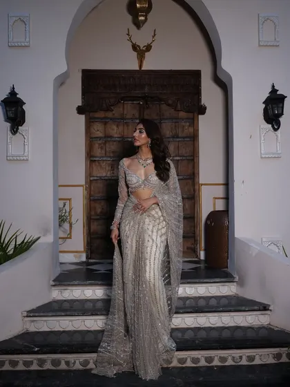 Another view of the silver saree, showcasing its beautiful drape and how it catches the light.