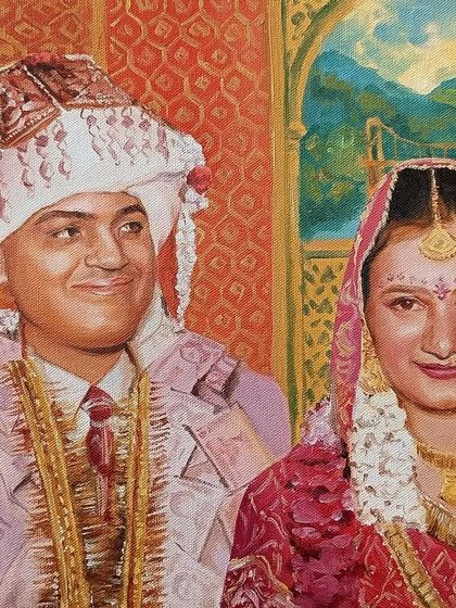 The full view of the custom anniversary portrait, combining two people and two special locations into one piece of art.