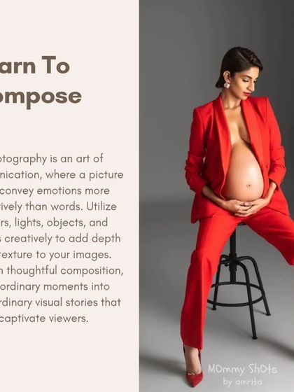 A bold and confident maternity pose in a red power suit, showcasing a modern and empowering style.