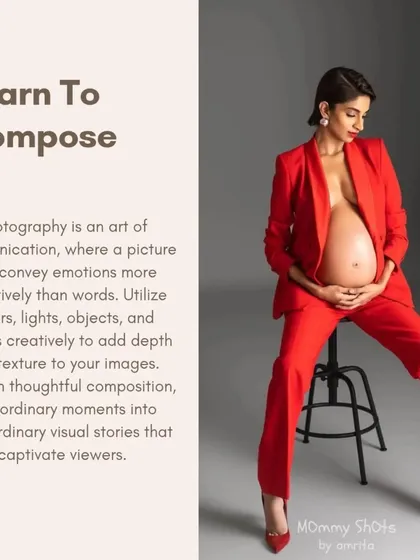A bold and confident maternity pose in a red power suit, showcasing a modern and empowering style.