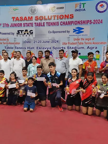 A group photo of the winners at the UP CUP 37th Junior State Table Tennis Championships in Agra, featuring our semifinalist.