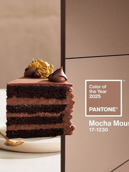 My Chocolate Fudge slice next to the Pantone Mocha Mousse color swatch, showing how classic flavors are always on trend.