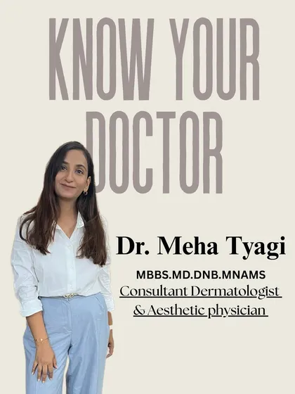 I am Dr. Meha Tyagi, a consultant dermatologist and aesthetic physician. I believe great skin starts with the right doctor, and it's important you know who is behind the white coat. My goal is to provide you with honest, science-backed solutions for your skin and hair.