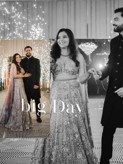 A collage celebrating the couple's big day, blending a candid walking shot with a posed portrait. The use of sparklers and black and white adds a touch of glamour and artistry.