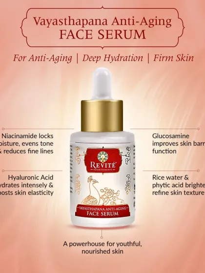 My Vayasthapana Anti-Aging Face Serum is a powerhouse for youthful, nourished skin. It locks in moisture with Hyaluronic Acid and Niacinamide while improving the skin barrier with Glucosamine and Rice Water.