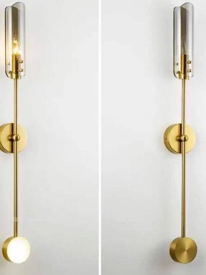 A clear view of the dual-light functionality of this modern brass wall sconce. You can see how the top and bottom lights work together to provide both direct and ambient illumination, shown here in both on and off states.