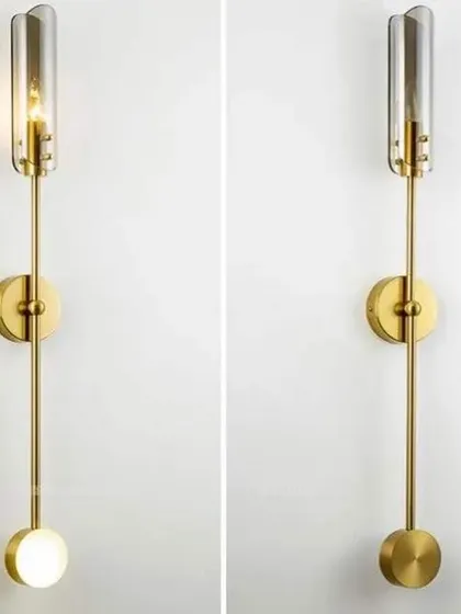 A dual-light wall sconce, shown both on and off. This versatile fixture can provide both ambient and task lighting.