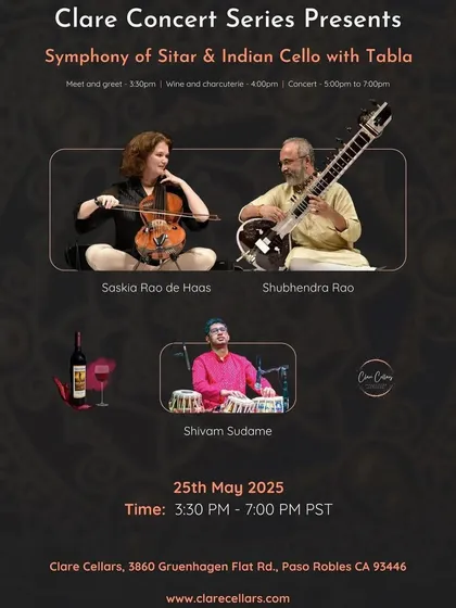 Poster for the Clare Concert Series, presenting a "Symphony of Sitar & Indian Cello with Tabla" in California.