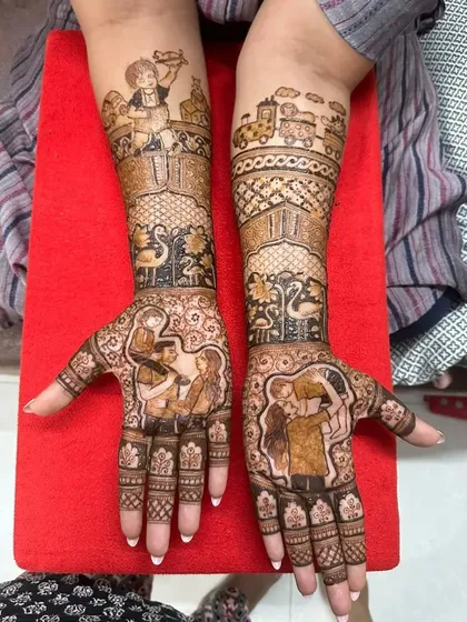 A detailed look at the full arm designs for a Mundan ceremony, featuring multiple personalized portraits and motifs that celebrate the family's journey.