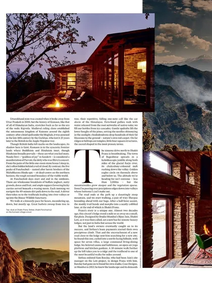 A collage from a Financial Times feature on our work in the Himalayas. It shows how we combine traditional materials like stone with modern design to create spaces that are both timeless and comfortable, complete with fireplaces for the cold mountain winters.